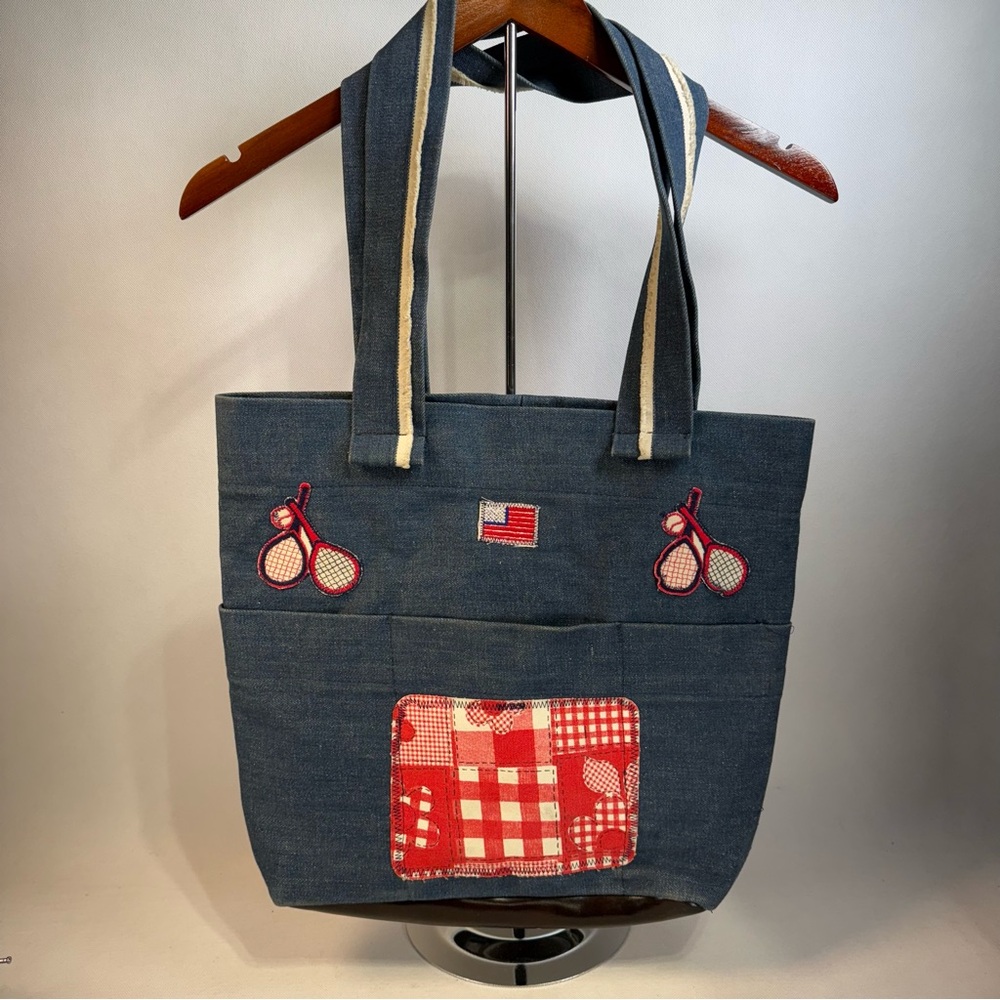Stylish Denim Tote Bag with Red Accents and pockets